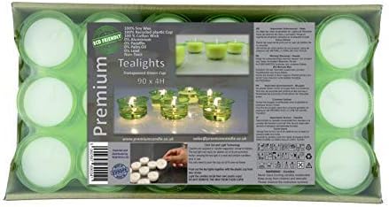 Coraz Home Premium 4 Hours Long Burning Time Pack of 90 Green Transparent Cup tea lights Eco-Friendly tealights Unscented Night Lights Candles Vegan Soy Wax Non-Toxic
