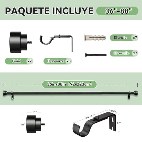 Barra de Cortina de 36 a 88 Pulgadas,Barra de Cortina Negra Mate,Cortineros a Justabl Negro,Juego Combinado de Soporte para Cortinas con Varilla(Con soporte),Fácil de Instalarlsala/estar/Baño/Cocina