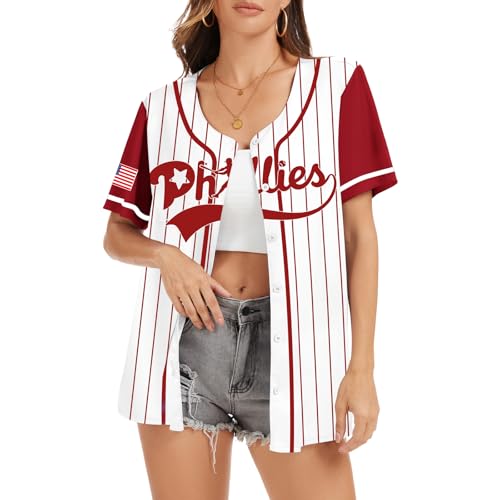 Baseball Button Up Shirt for Women Quick-Dry Sporty Team Style Fan Jersey Graphic Short Sleeve Tops for Game Day(Red, S) at Amazon