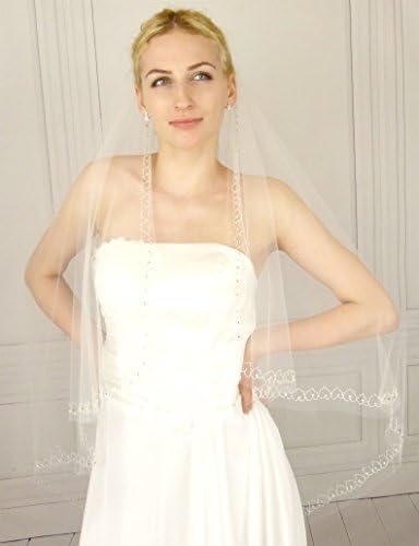 Enchanted Brides Couture Veil of Romantic Heart Motif Edge of Bugle Bead and Silver Seed Bead, Accented with Austrian Rhinestone, Angel Style Cut at Fingertip Length (#C23Eivcs) (Ivory)