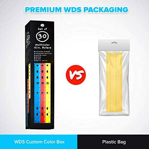 Ruler 12 Inch (30-Pack) - Bulk Rulers for Kids in Colorful Box - Individually Wrapped - Translucent Flexible Plastic - For School Teachers Students Class - Keep in 3 Ring Binder - Inches/Centimeters