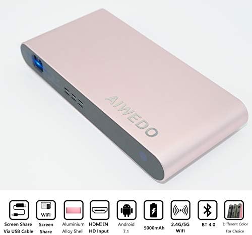 AIWEDO Portable DLP Video Pico Mini Projector Android 7.1 iPhone Android Phone,HD 1080P 120" Home Theater,Support WiFi/HDMI/Bluetooth/USB/TF Card Airplay Miracast (Metallic Pink)
