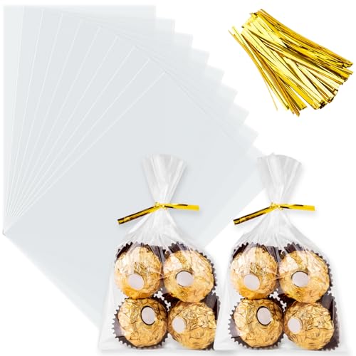 ZHEWTOEN Cellophane Bags, 100 Pcs 4x6 Inch Cellophane Treat Bags with Color Twist Ties, Clear Plastic Goodie Cello Treat Candy Bags for Cookies, Popcorn, Small Gift Wrapping, Party Favors