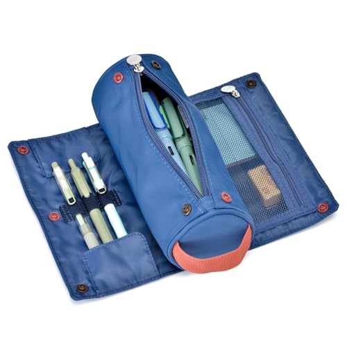 Large Capacity Pencil Case Roll Up Design Multifunctional Pencil Holder Pouch Stationery Pen Bag for Teen Girls and Boys Camping style - Dark Blue