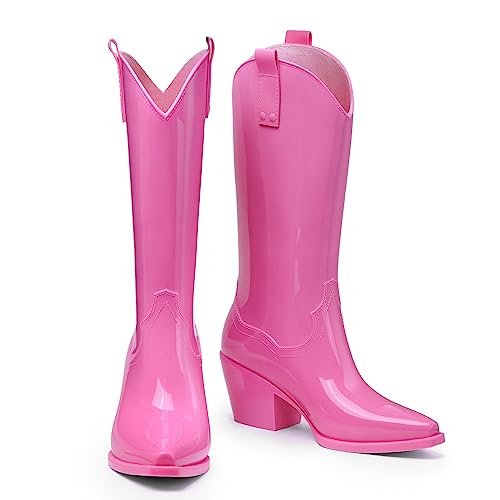 TINSTREE RAIN BOOTS FOR WOMEN TALL KNEE HIGH COWGIRL BOOTIES CHUNKY RAIN BOOTS SLIP ON RAINBOOTS GARDEN RAIN SHOES FOR YARD FARM OUTDOOR WORK PINK,11