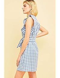 THFB - Vestido de algodón para mujer con estampado de cuadros y cuello alto con detalle de volante