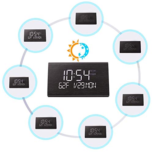 Digital Alarm Clock, Adjustable Brightness Voice Control Desk Wooden Alarm Clock, Large Display Time Temperature USB/Battery Powered for Home, Office, Kids