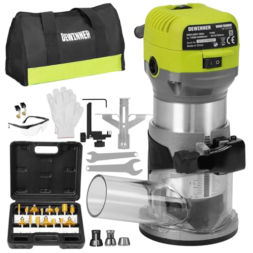 DEWINNER Electric Palm Router Tool, 710W Compact Wood Router Trimmer with Metal Base, 6Variable Speeds Router for Woodworking, Trimmer Router with hand Bag, 15pcs Palm Router Bits for Handwork and DIY