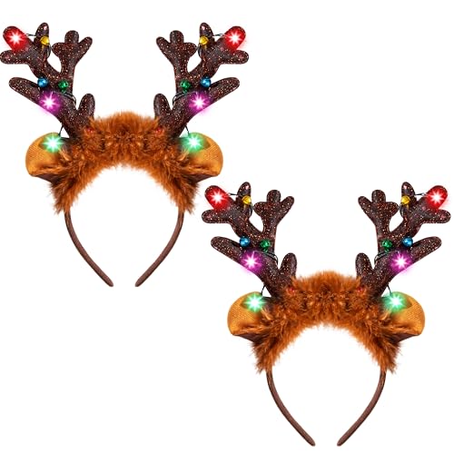 JOYIN Christmas 2PCS Reindeer Headband, Light-Up LED Antlers Reindeer Hat Holiday Headbands for Christmas Party Supplies and Holiday Parties Favors (ONE SIZE FITS ALL)