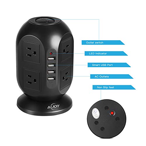AiJoy Power Strip Surge Protector 8 AC Outlet 4 USB Ports Multi Plug Outlet Long Extension Cord 10Ft (Black)