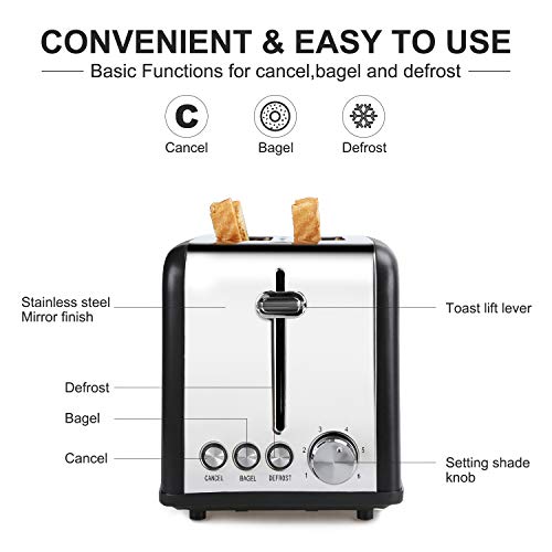 Vestaware Toaster 2 Slice, Stainless Steel 1.5'' Extra Wide Slot Toaster with Cancel, Bagel, Defrost Function, 6 Bread Shade Easy Clean Kitchen Toaster with Removable Crumb Tray