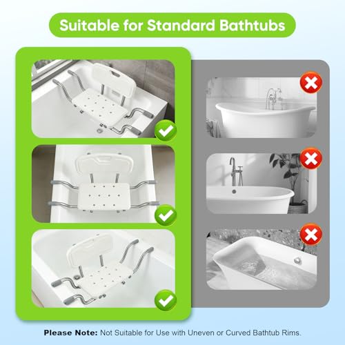 Bathtub Seat for Elderly, Non-Slip Shower Stool with Backrest, Adjustable Width 77-87 cm, Load 150 kg, with Non-Slip Silicone Pads and Handles, White