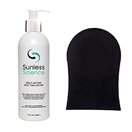 Sunless Science Natural Multi-Action Self Tanner 8.5fl oz PLUS Tanning Mitt America's Most Natural Looking Self Tan False Tan that also Firms Tones Made with Certified Organic DHA