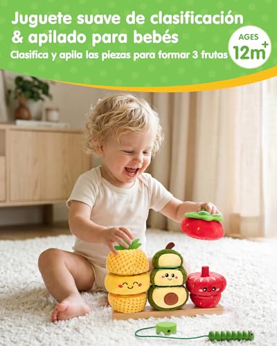 hahaland Juguetes Montessori 1 Años - Frutas Apilables con Cordón para Ensartar, Juego Educativo Sensorial para Motricidad Fina, Regalo Niño 1 2 3 Años