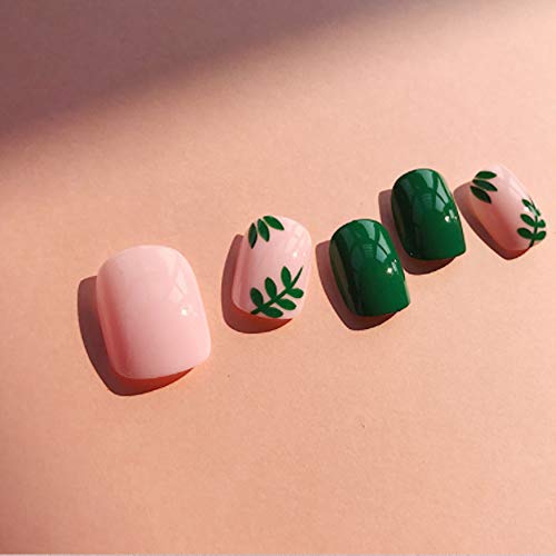 NEW Style Fake Nails Elegant Fresh Solid Pink Green Leaves Square Short Full Cover Summer Style Nail 24pcs 12 Different Size