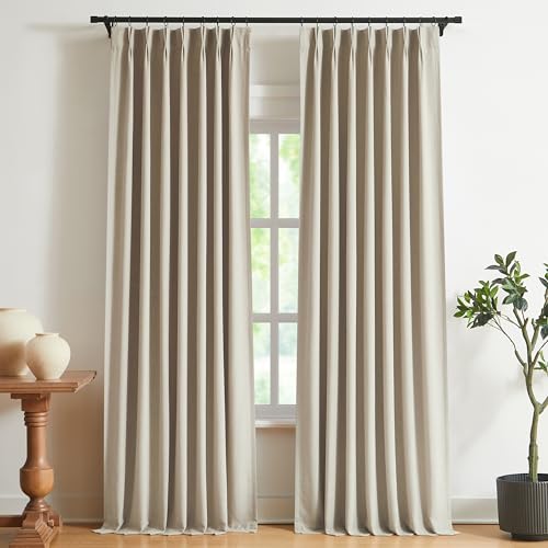 Vision Home Sand Pinch Pleated Full Blackout Curtains Linen Blended Room Darkening Window Curtains 84 inch for Living Room Bedroom Thermal Insulated Pinch Pleat Drapes with Hooks 2 Panel 40 Wx84 L