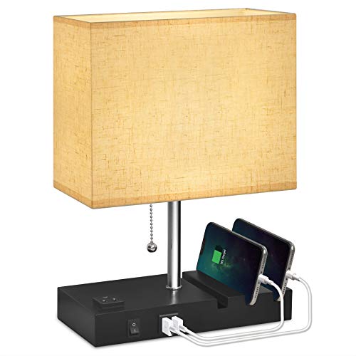 USB Bedside Lamp With Phone Stands,Hansang Table Lamp Dual Charging Ports,Nightstand Lamp for Bedroom,Minimalist Fabric Linen Lamp Shade with Pull Chain,E26 Warm White LED Bulb Included