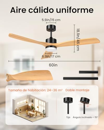 Ventilador de Techo de 60 Pulgadas con Aspas de Madera Sólida, Luz Led y Control Remoto – 3 Aspas, Ideal para Salas Grandes