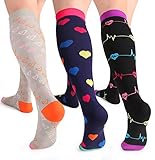3 Pairs Moderate Compression Socks Women 15-20mmHg Wide Calf Ladies' Knee High Compression Stockings Fashion Support Socks for Sports, Exercise, Gym, Running, Nurses, Maternity, Pregnancy, L/XL