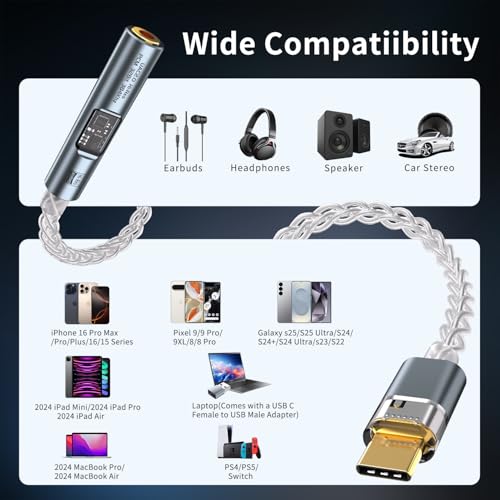 USB C to 3.5mm Audio Adapter with Dual Chip CX31993 MAX97220 DAC & HiFi Amplifier, 8-Strand 4N Single Crystal Silver-Plated Copper Cable,USBC to Headphones Aux Dongle for Android iPhone PC Mac (Black)