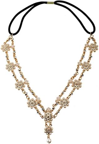 Adorable Woman Pearl Flower Tassel Stretchy Head Chain Headband Crystal Hair Chain Gold