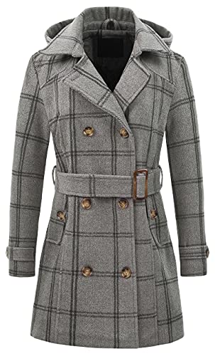 Photo 1 of Chrisuno Womens Wool Trench Coats Bowknot Belted Outerwear Jacket Grey Plaid M
