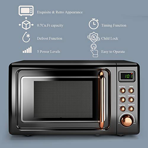 COSTWAY Retro Countertop Microwave Oven, 0.7Cu.ft, 700-Watt, Cold Rolled Steel Plate, 5 Micro Power, Delayed Start Function, with Glass Turntable & Viewing Window, LED Display, Child Lock (Gold) - Thumbnail 2