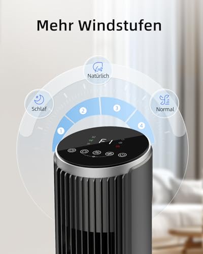 Leiser Turmventilator für Schlafzimmer, Standventilator mit Fernbedienung, 90° oszillierend, 4 Geschwindigkeiten 3 Modi 12H Timer LED-Anzeige, 91 cm Elektrischer Kühlventilator, Schwarz