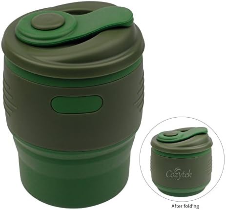 Cozytek Folding Silicone Cup,Collapsible Coffee Mug with Lid of Leak Proof Locked for Hot &amp; Cold Drinks Used for Camping Hiking Traveling Backpacking,School Outdoor 12OZ Travel Coffee Mug(Green)