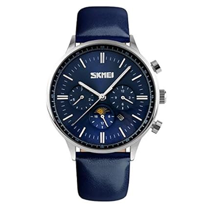 SKMEI 9117 Branded Good Quality Japanese-Quartz Real Leather Chronograph Moonphase Waterproof Men Watch Skmei 9117 - Blue