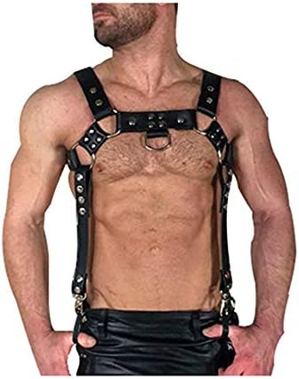 Asdflina Elastic Cupless Cage Bra Mens Adjustable PU Leather Body Chest Half Harness Belt Metal Rivet Studs Rings Gothic Punk Suspenders Shoulder Straps Clubwear Costume Cosplay Body Accessories Belt