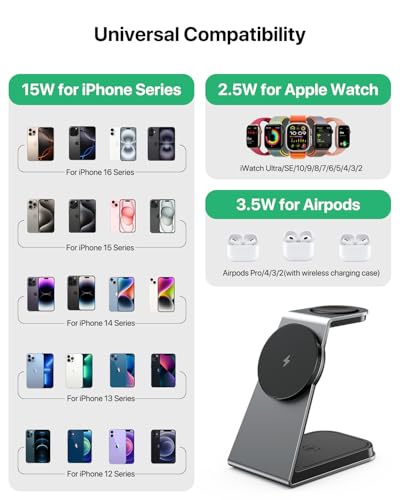 3 in 1 Wireless Charging Station for MagSafe,Aluminum Alloy Magnetic Wireless Charger,15W Fast for MagSafe Charger Stand Compatible with iPhone 17/16/15/14/13,for Apple Watch,for AirPods