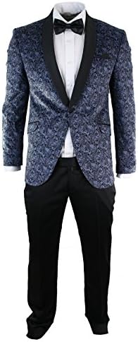 STZ Mens Slim Fit Velvet Paisley Blazer &amp; Trouser Tuxedo Dinner Suit Light Blue Black light-blue 36