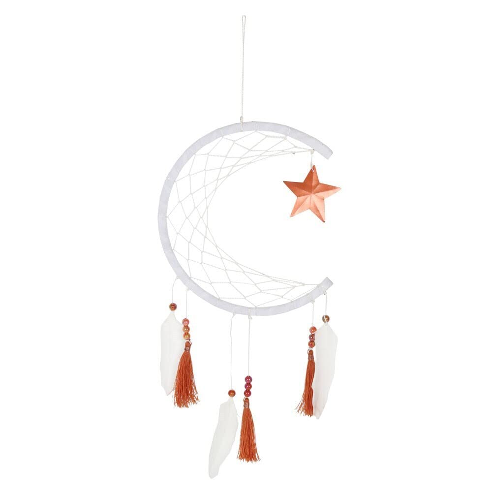 Celestial White Crescent Moon Dreamcatcher - 21cm x 17.5cm (1 Pc.) - Eye-catching Design with White Feathers, Copper Bead, Tassel & Star Accents - Perfect Home Decor Accent & Gift