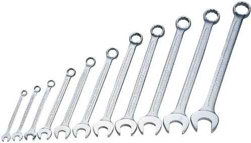 11 PIECE ELORA LONG WHITWORTH COMBINATION SPANNER SET - Professional Quality, forged from chrome vanadium steel hardened, tempered and chrome plated for corrosion protection. Polished bi-hexagon ring and jaw offset at 15°. Carton packed.