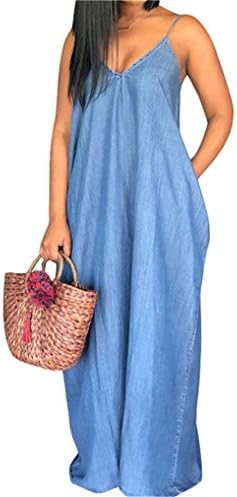YYear Women's Spaghetti Strap V-Neck Denim Shift Evening Party Slip Maxi Dress Blue US M