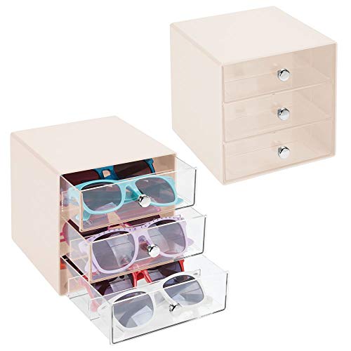 mDesign Stackable Plastic Eye Glass Storage Organizer Box Holder for Sunglasses, Reading Glasses, Accessories - 3 Divided Drawers, Chrome Pulls, 2 Pack - Cream/Clear