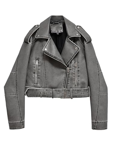 LY VAREY LIN Kurze Damenjacke aus Kunstleder, Revers, Reißverschluss, Biker-Kurzmantel mit Gürtel, 2371 Grau, Medium