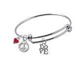 Expandable Bangle bracelet with Love with Peace Sign charm, Silver Plated, Peace Sign and Small Red Heart charms, Qty: 1