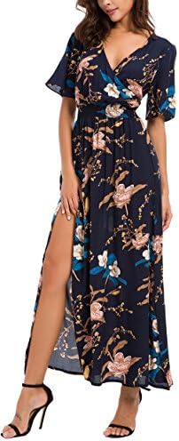 KorMei Womens V Neck Short Sleeve Beach Party Split Casual Floral Maxi Dress XL Navy