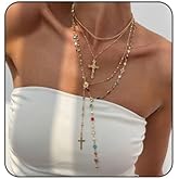 Fyvos 4Pcs Layered Gold Cross Necklaces Colorful Crystal Necklace Y Long Tassel Cross Pendent Necklace Set Stackable Necklace Fashion Jewelry Accessary for Women