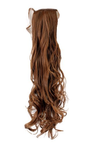 Hairpiece PONYTAIL (comb & ribbon wrap-around system) extension pigtail very long (24 inches) slightly CURLED wavy BRUNETTE light BROWN YZF-1094HT-12