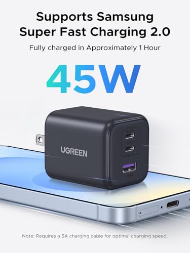 UGREEN 45W USB C Charger Block (5FT USB C Cable Included) with 2 USB C and USB A Ports, GaN PPS 3 Port Super Fast Charger for iPhone 17 Pro Max, Galaxy S26 S25 S24 Ultra, Pixel 10 9 Pro, iPad, MacBook
