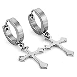 INBLUE Men's Stainless Steel Stud Earrings Silver Tone Round Cross Pendant