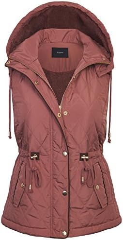 BOHENY Womens Fur Lined Lightweight Zip Up Quilted Vest with Detatachable Hood-L-SALMON