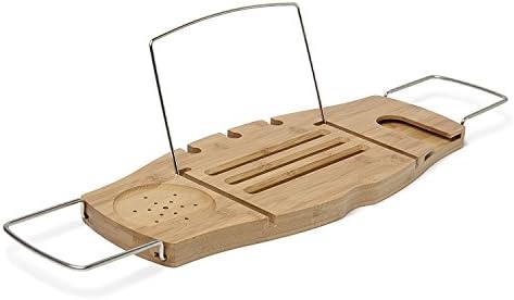 OrganizerLife Bamboo Bathtub Caddy Wood Tray Table with Non Slip Extending Sides | Wine Glass Holder