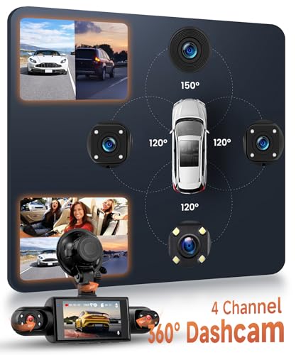 Rimoody 4 Channel Car Dashcam 360°, 4 HD 1080P Front and Rear Left Right Camera, 3 Inch IPS Screen Dash Cam with 8 IR Night Vision/Loop Video/24H Parking Monitor