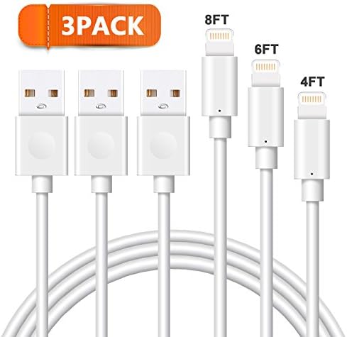 Alanda iPhone Charger Cable (4ft 6ft 8ft) 3pack Durable Lightning USB Charging Cable for iPhone X 8 7 7 Plus 6s 6s Plus 6 Plus SE 6 5s 5c 5, iPad Mini Air and iPod Compatible with iOS - White
