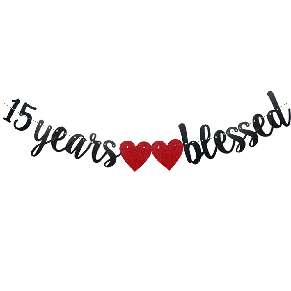 Photo 1 of 15 Years Blessed Banner,Pre-Strung, Black Paper Glitter Party Decorations For 15TH Wedding Anniversary 15 Years Old 15TH Birthday Party Supplies Letters Black ZHAOFEIHN