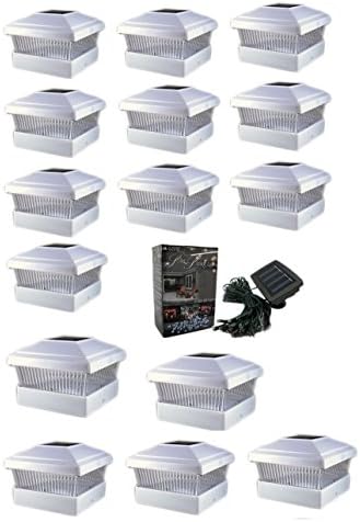 Newest Model 2-SMD (Bright White Outer Body Color) Solar Powered Bright Post Cap Fence Railing LED Lights for 5X5 PVC Post + One Free 100 LED String Solar Lights (15-Pack)
